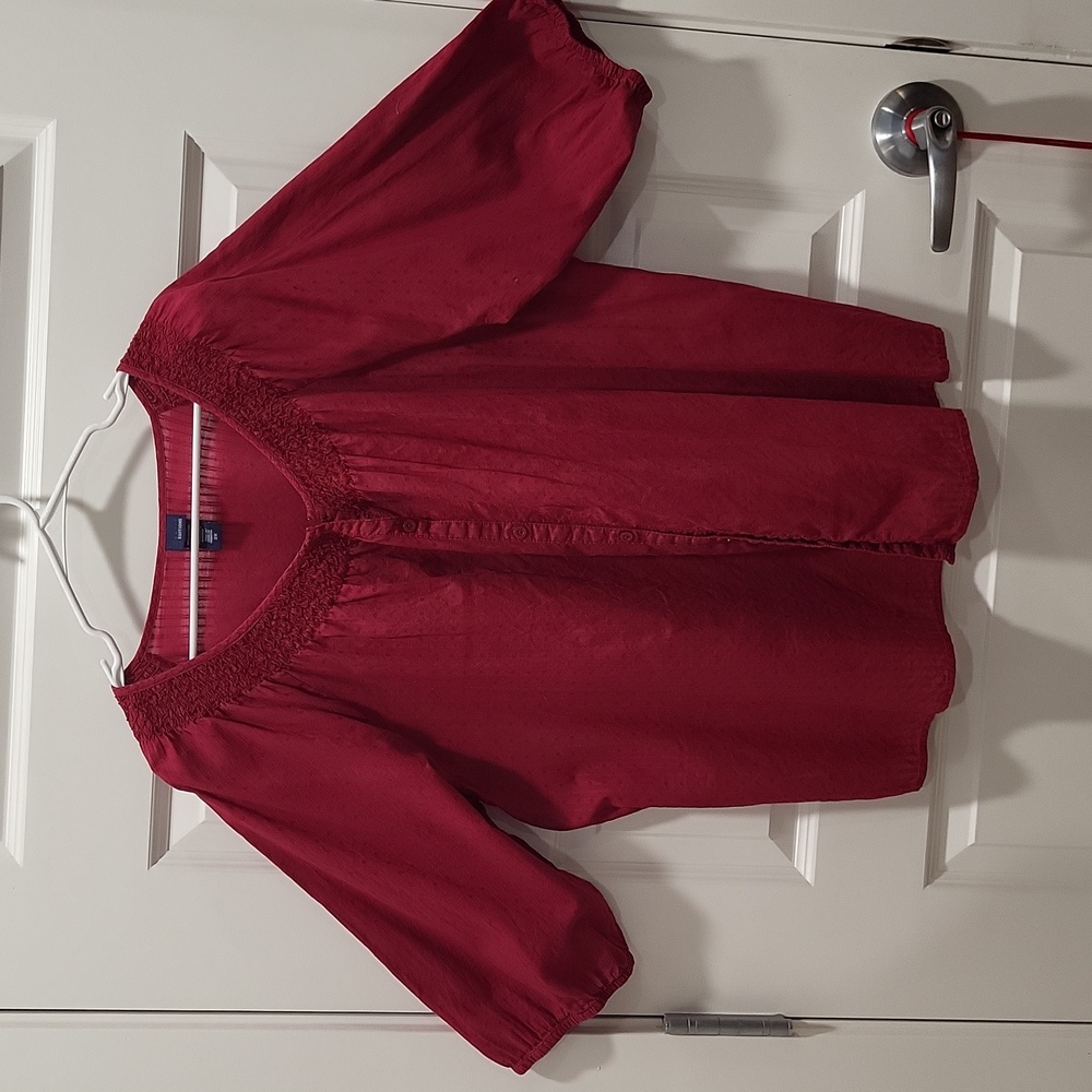 BASIC EDITIONS WOMAN'S DARK RED BUTTON UP BLOUSE 3/4  PUFFY SLEEVES SIZE 2X